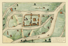 214257 Plattegrond van de burcht Trecht met omliggende bebouwing in opstand en de (Oude) Rijn.